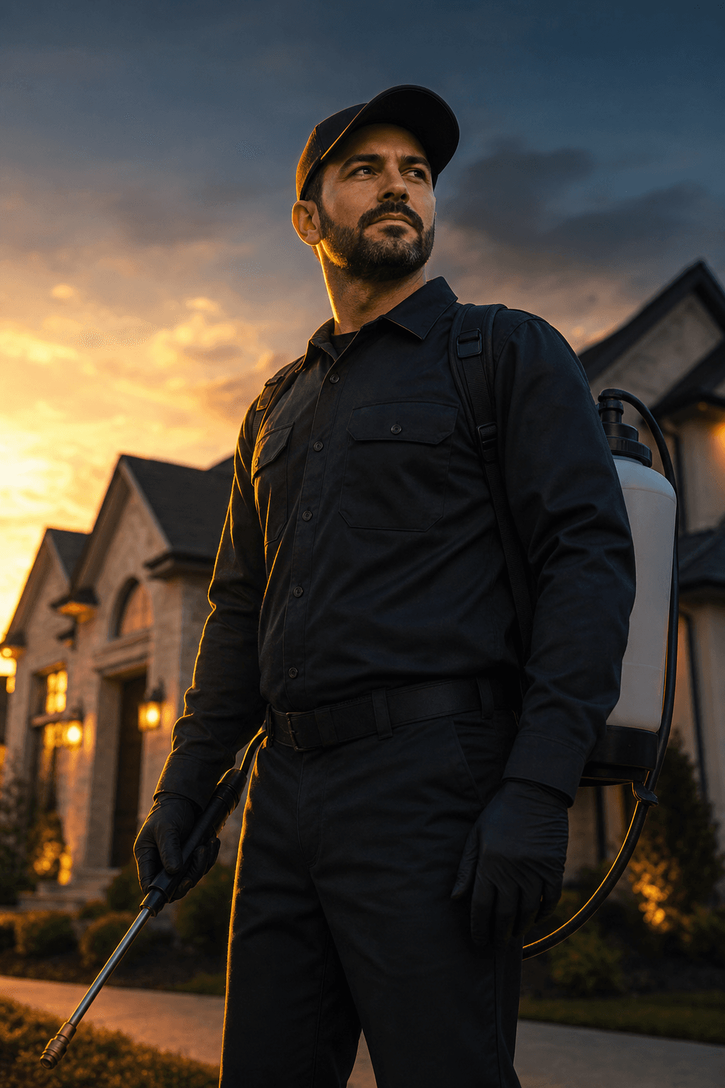 Professional pest control technician with a backpack sprayer outside a home at golden hour